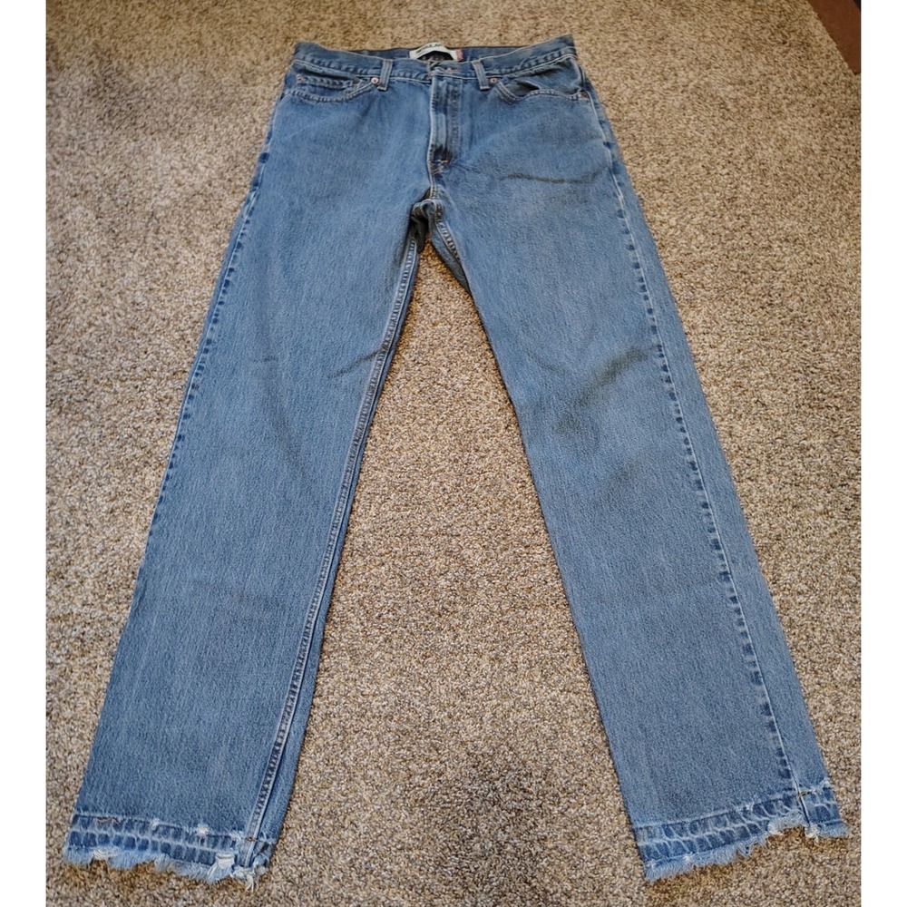 Levi's 505 Regular Fit Jeans 34x34 Medium Wash Blank Red Tab Raw Hem Distressed